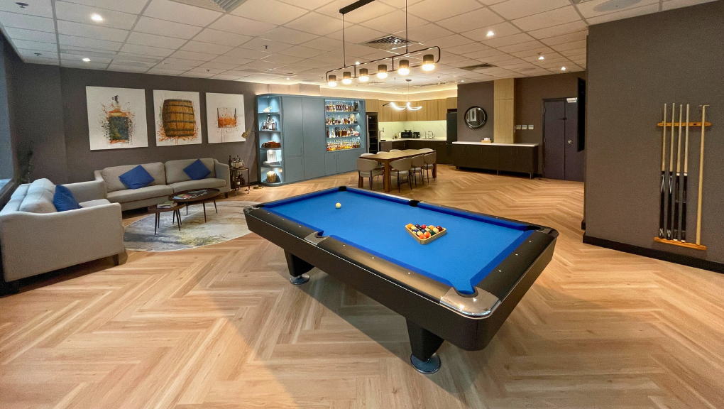 Rare Whisky Holdings Whisky Lounge private events space with seating, bar and billiards table